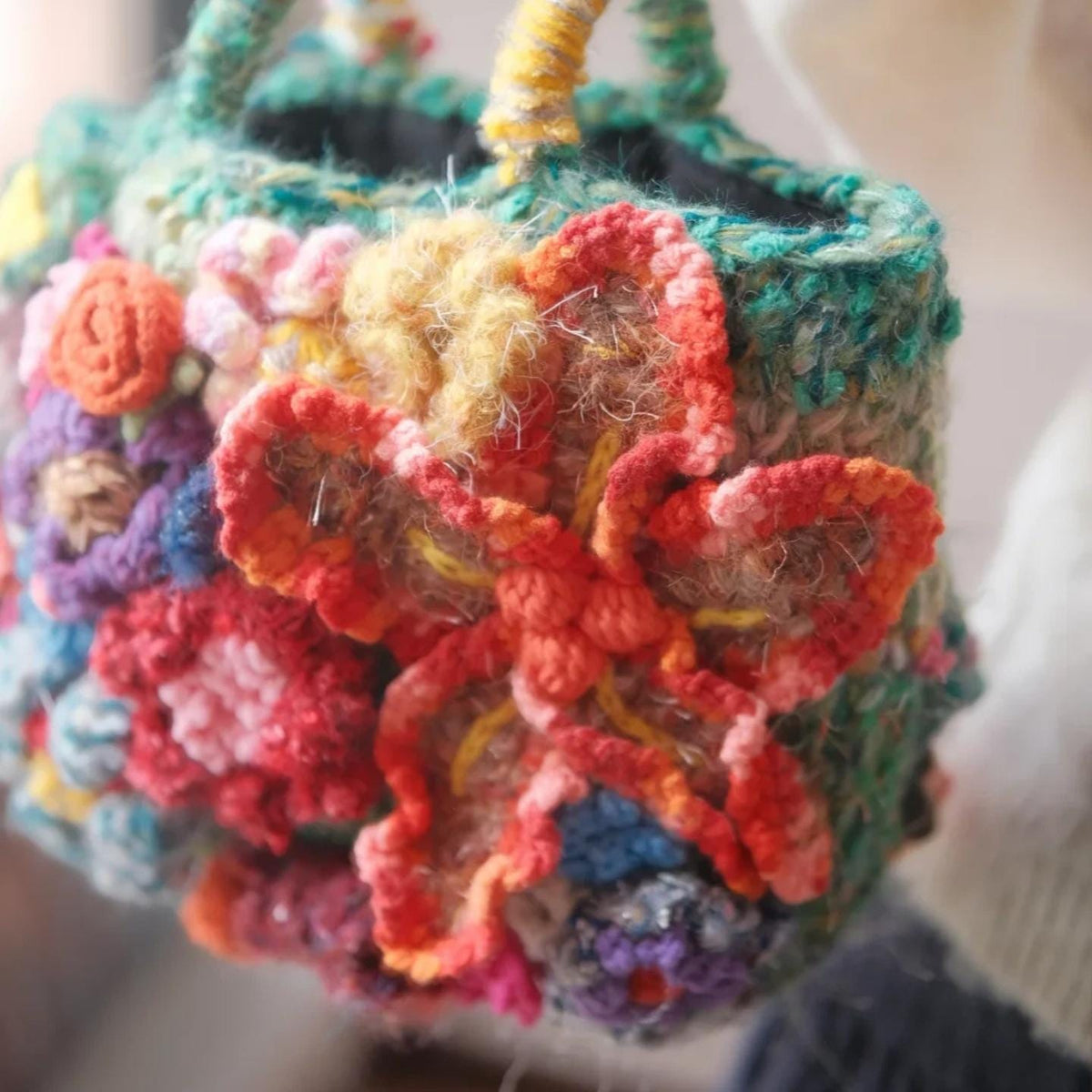 Handmade 3D Flower Crochet Bag, Boho Tote, Colorful Textured Knit Purse, Unique Artisan Handbag, Mother's Day Gift for Mom
