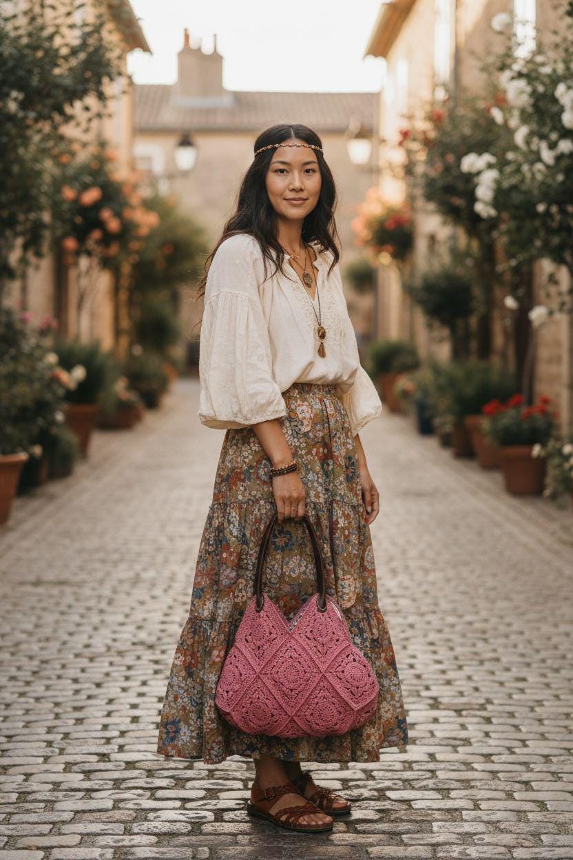 Pink Crochet Tote Bag �Handmade Granny Square Shoulder Bag, Boho Floral Purse, Vintage Style