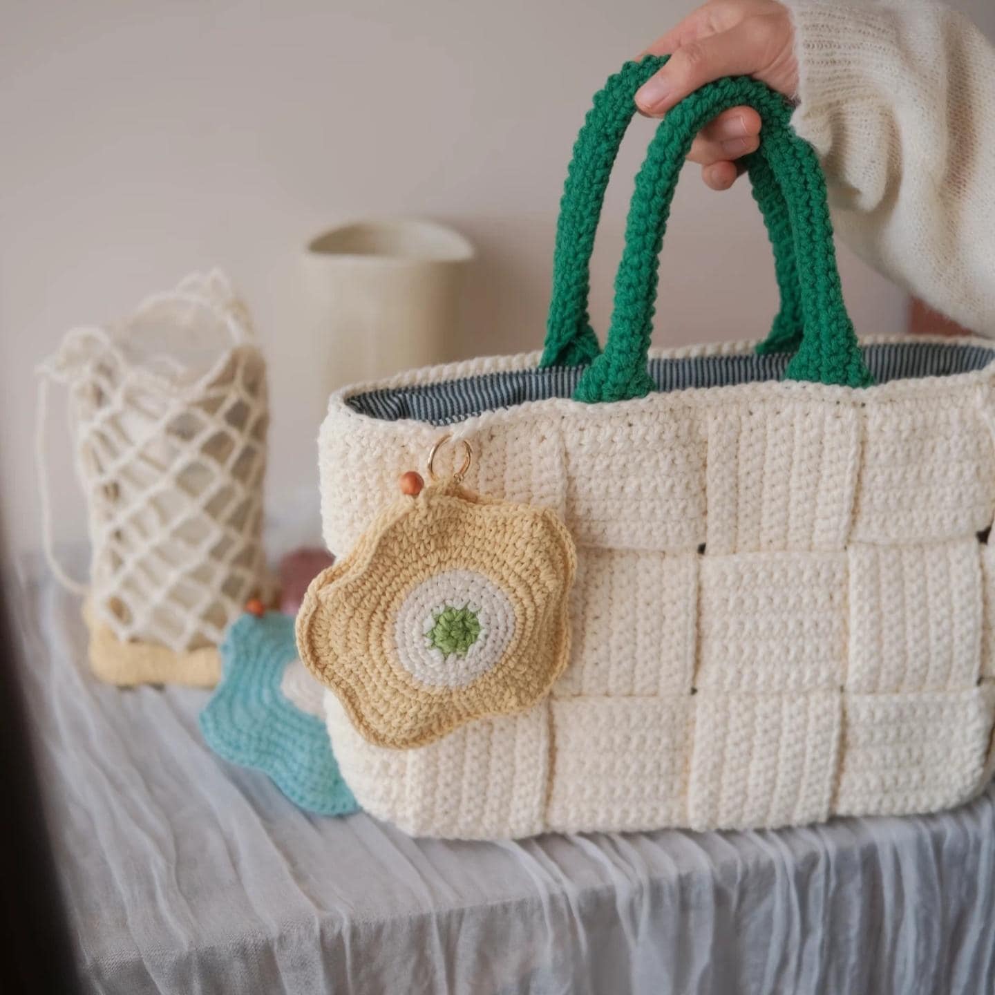 Handmade Woven Crochet Tote Bag - Cream Textured Basket Weave Shoulder Bag with Heavy-Duty Structure and Striped Fabric Lining, Gift for her