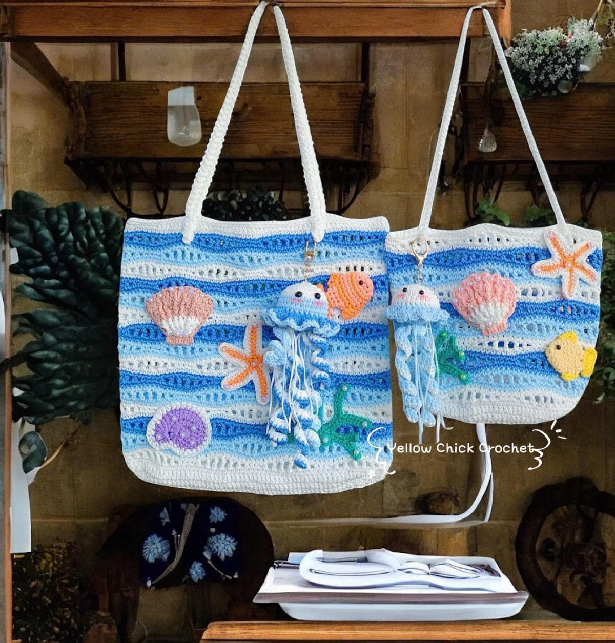 Crochet shoulder bag, Jellyfish & Starfish bag, Net bag, Summer Beach Ocean bag,Mesh bag,travel bag,gift for her,sea lovers, Valentine Gift