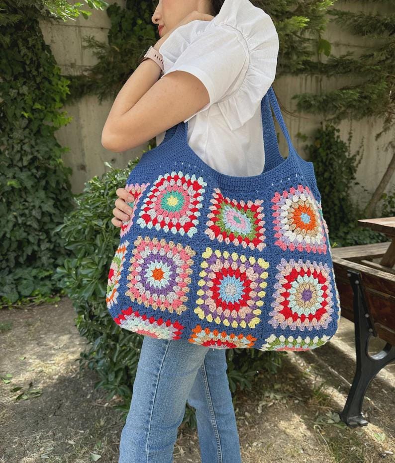 Granny Square Bag, Crochet Handle Bag, Crochet Bag, Shoulder Tote Bag, Handbags for Woman