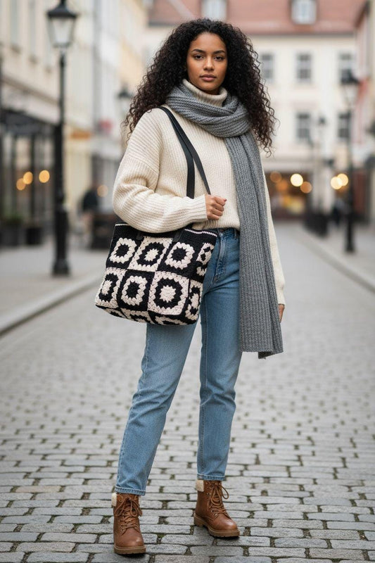Black & Cream Crochet Tote Bag with Leather Handles
