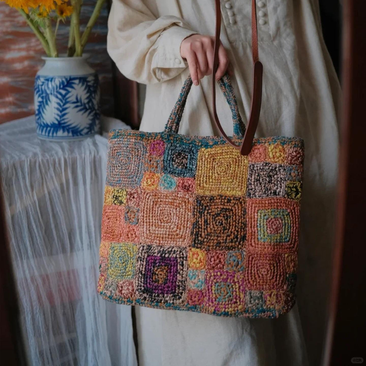 Handmade Boho Chic Raffia Handbag, Colorful Crochet Tote Bag, Woven Beach Bag with Magnetic Snap, Perfect for Vacation, Gift for Her