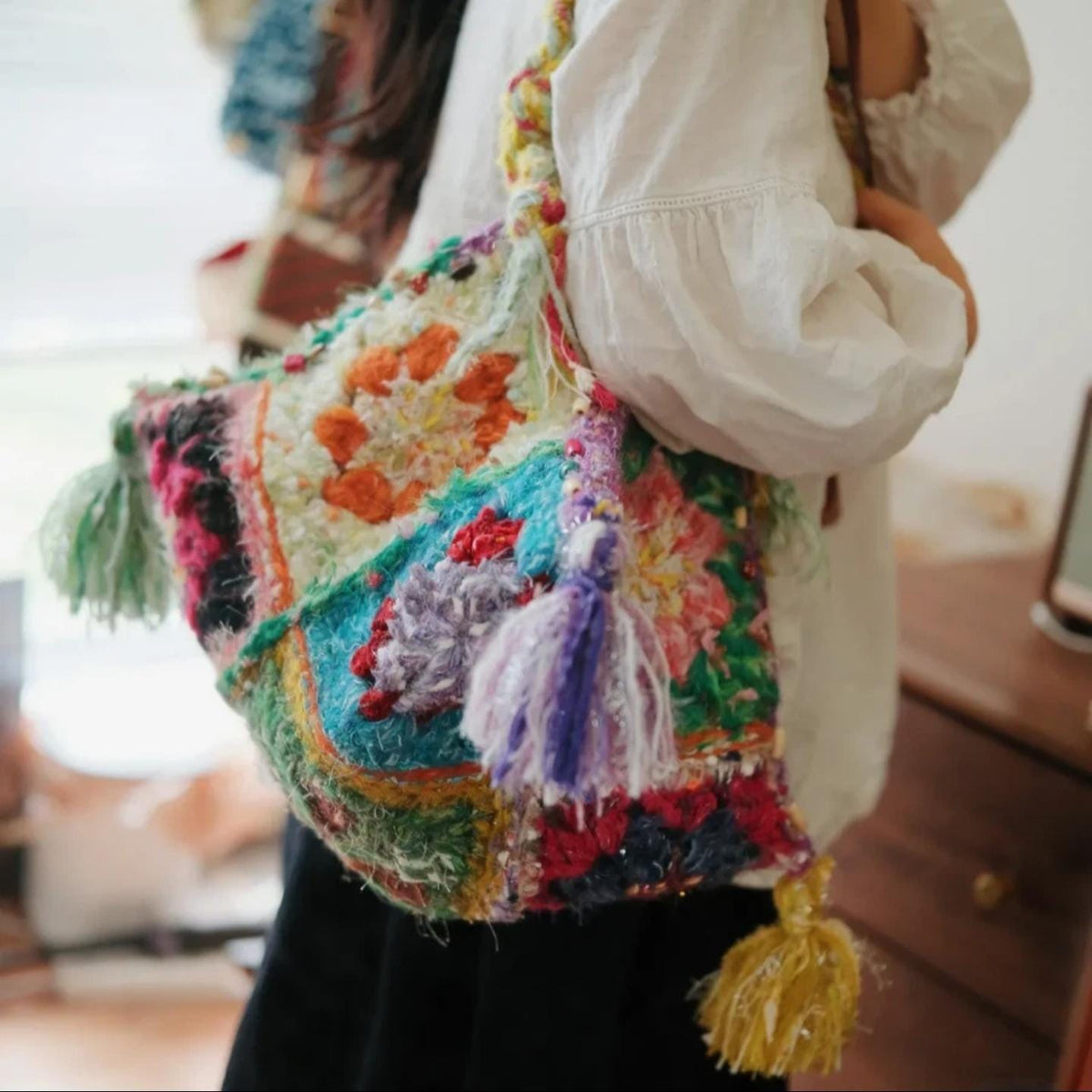One-of-a-Kind Crochet Pyramid Bag, Hand-Blended Yarn Granny Square Tote, Boho Tassel Shoulder Bag, Unique Wearable Fiber Art Gift
