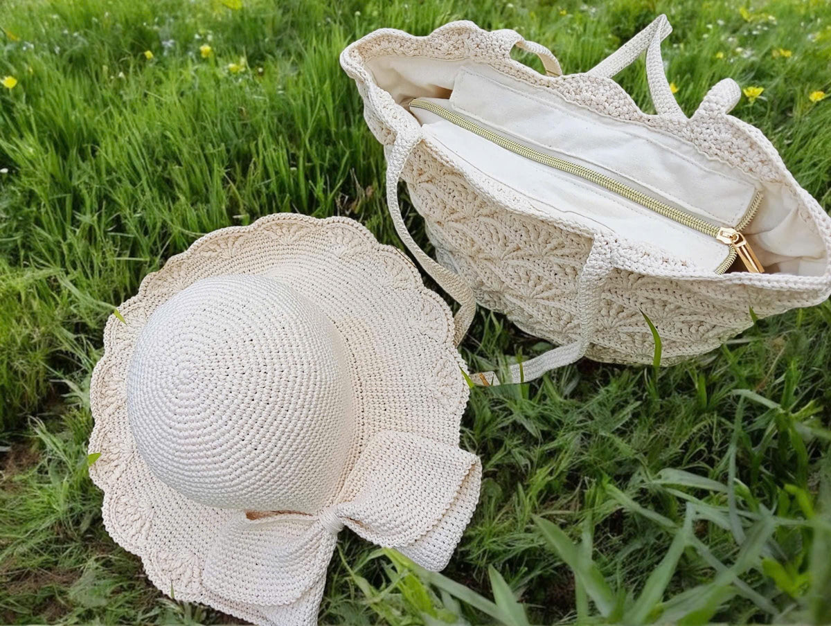 Crochet Summer Hat and Bag Set, Handmade Fan Petal Design, seashell design crochet bag, mother's day gift, easter gift, matching outfit
