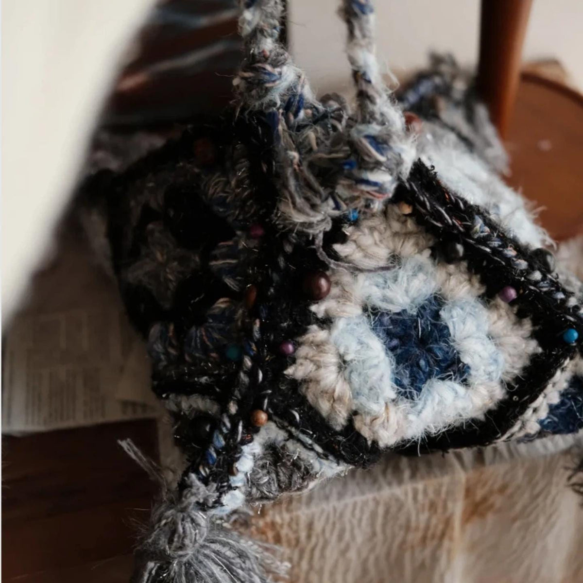 One-of-a-Kind Crochet Pyramid Bag, Hand-Blended Yarn Granny Square Tote, Boho Tassel Shoulder Bag, Unique Wearable Fiber Art Gift