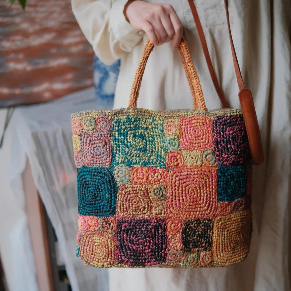 Artisan Raffia Patchwork Tote, Handcrafted Crochet Beach Bag, Sturdy Woven Purse with Cotton Lining, Unique Gift for Her, Gift for her