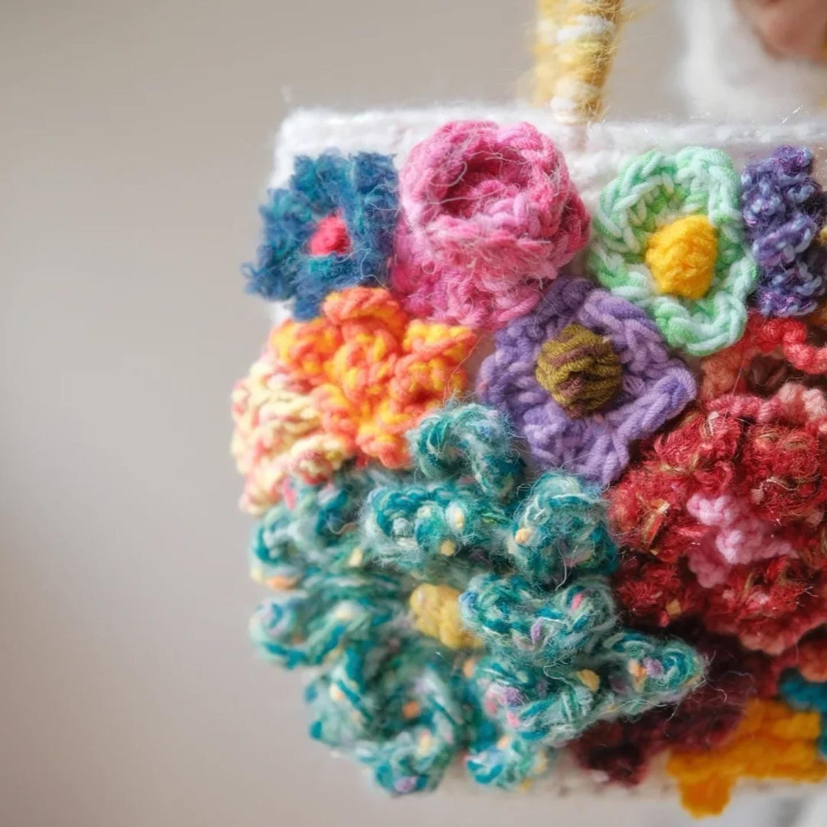 Handmade 3D Flower Crochet Bag, Boho Tote, Colorful Textured Knit Purse, Unique Artisan Handbag, Mother's Day Gift for Mom