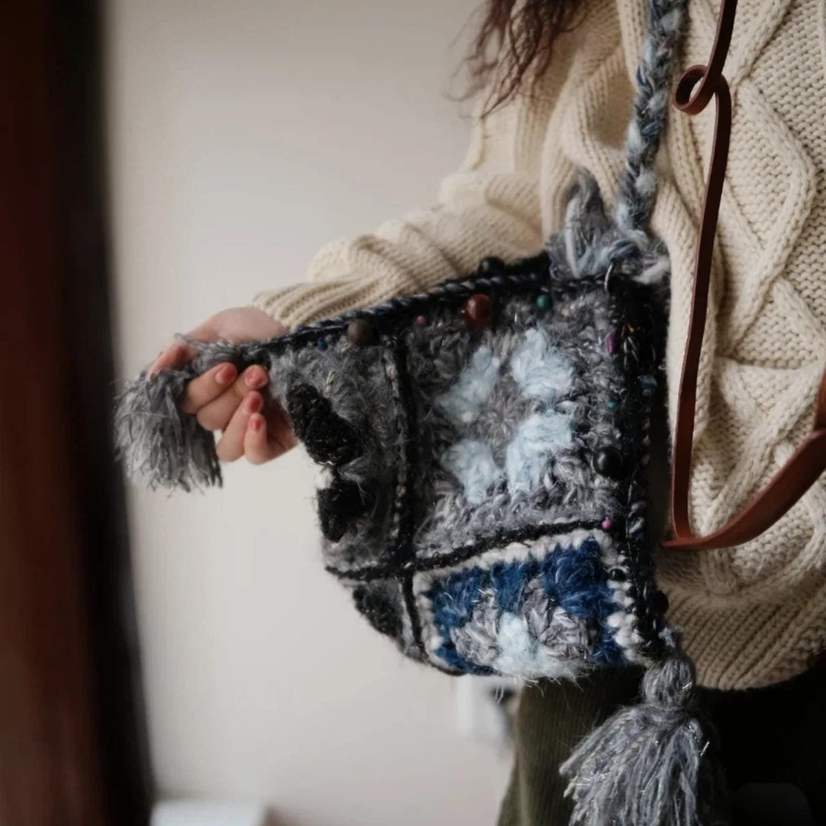 One-of-a-Kind Bag, Unique Crochet Shoulder Bag, Hand-Spun Yarn Granny Square Pyramid Purse, Eclectic Hippie Satchel, Statement Accessory