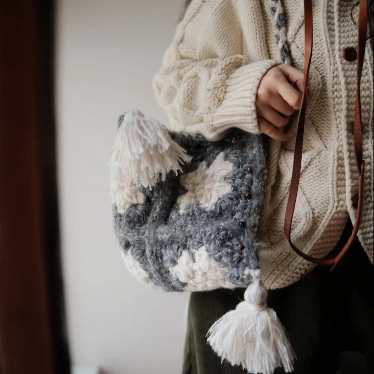 One-of-a-Kind Bag, Unique Crochet Shoulder Bag, Hand-Spun Yarn Granny Square Pyramid Purse, Eclectic Hippie Satchel, Statement Accessory