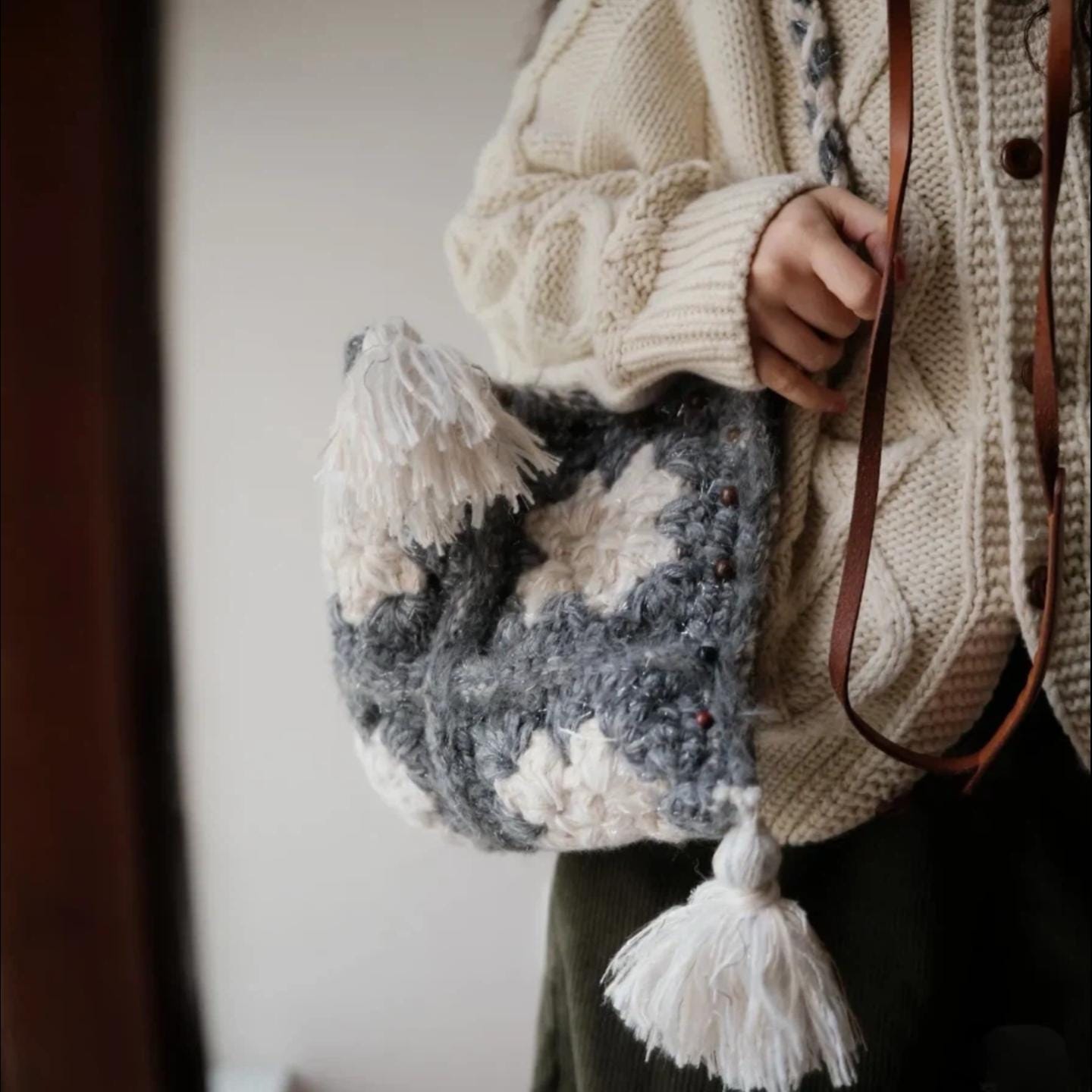 One-of-a-Kind Crochet Pyramid Bag, Hand-Blended Yarn Granny Square Tote, Boho Tassel Shoulder Bag, Unique Wearable Fiber Art Gift