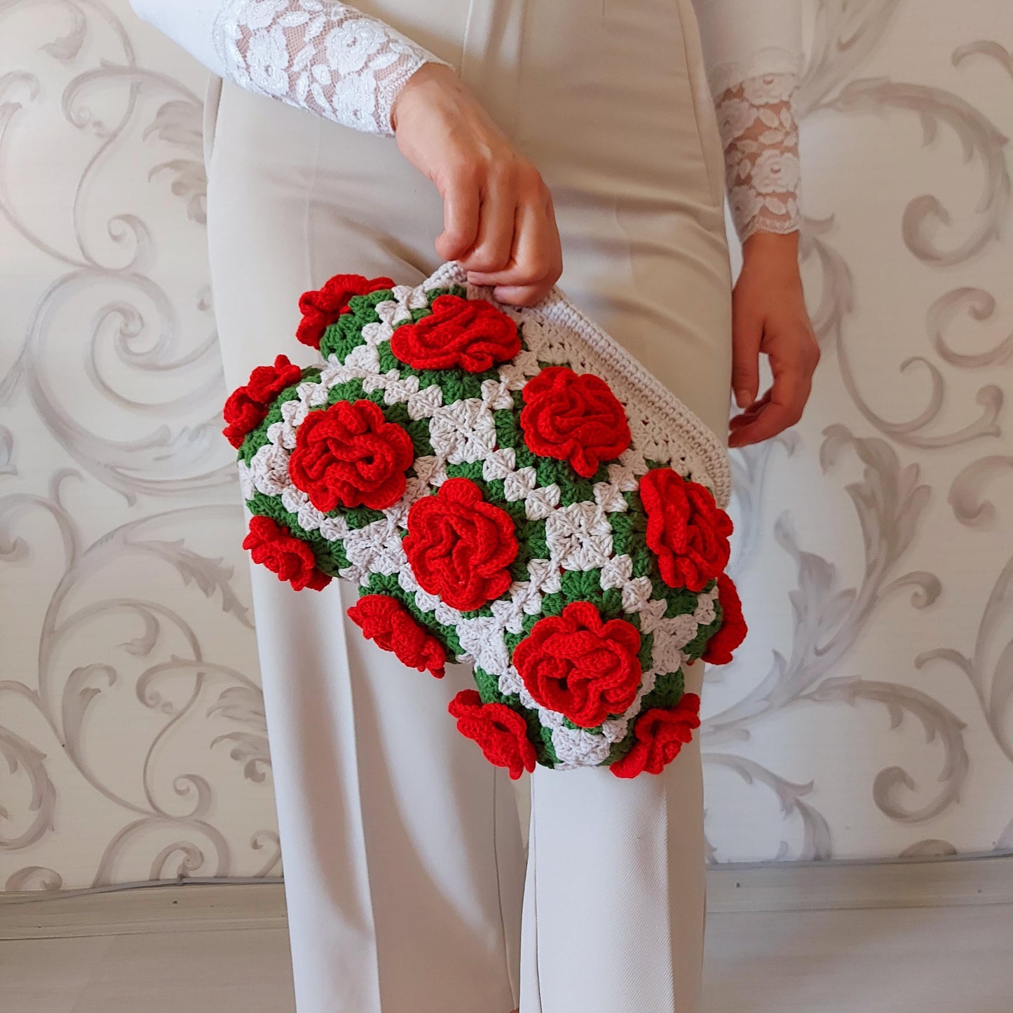 Handmade Crochet Granny Square Bag: 3D Rose Kisslock Clutch, Valentine Tote Bag