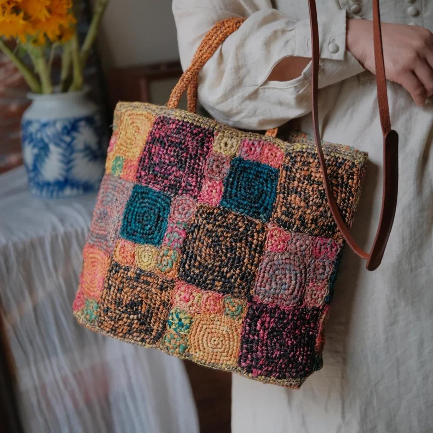 Artisan Raffia Patchwork Tote, Handcrafted Crochet Beach Bag, Sturdy Woven Purse with Cotton Lining, Unique Gift for Her, Gift for her