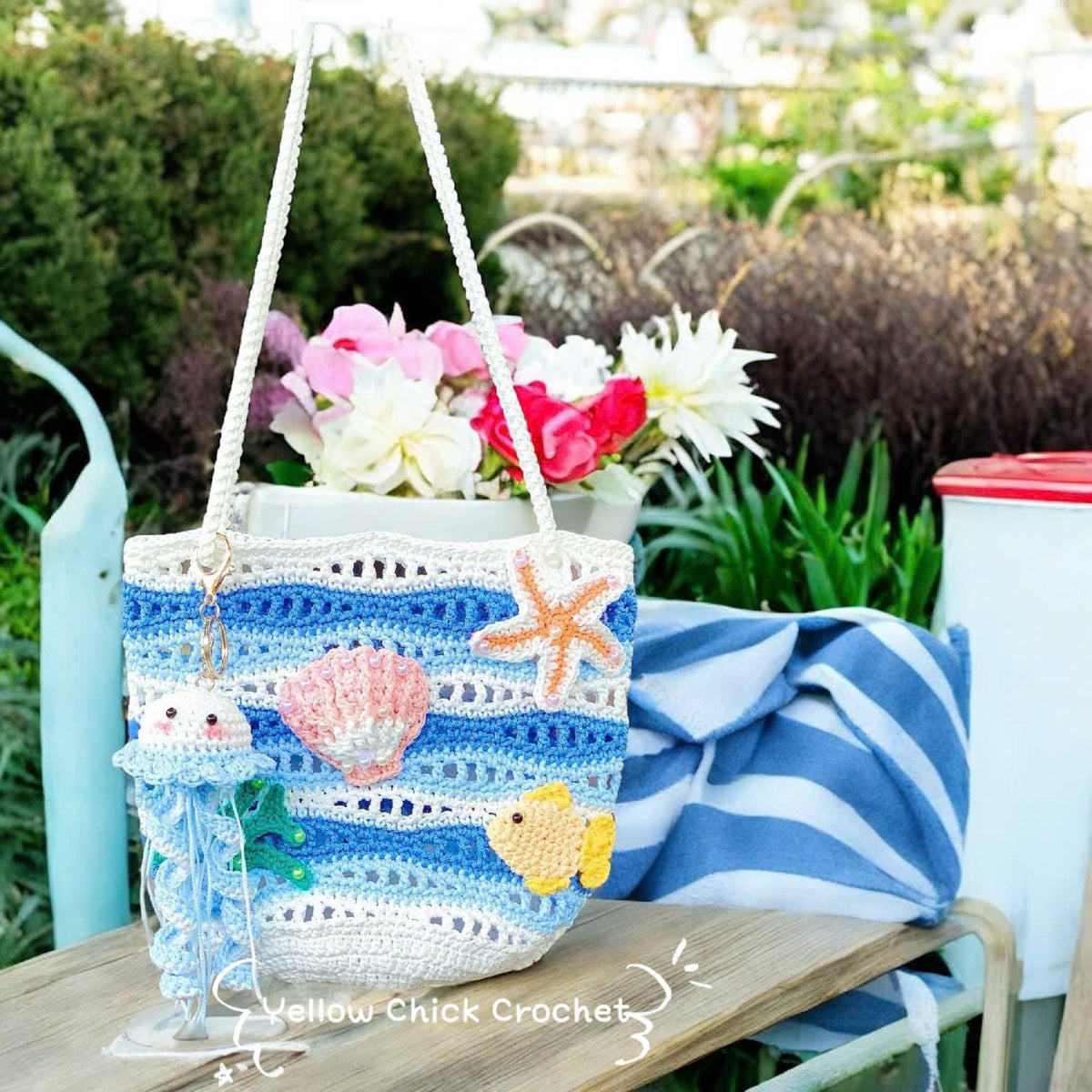 Crochet shoulder bag, Jellyfish &amp; Starfish bag, Net bag, Summer Beach Ocean bag,Mesh bag,travel bag,gift for her,sea lovers, Valentine Gift