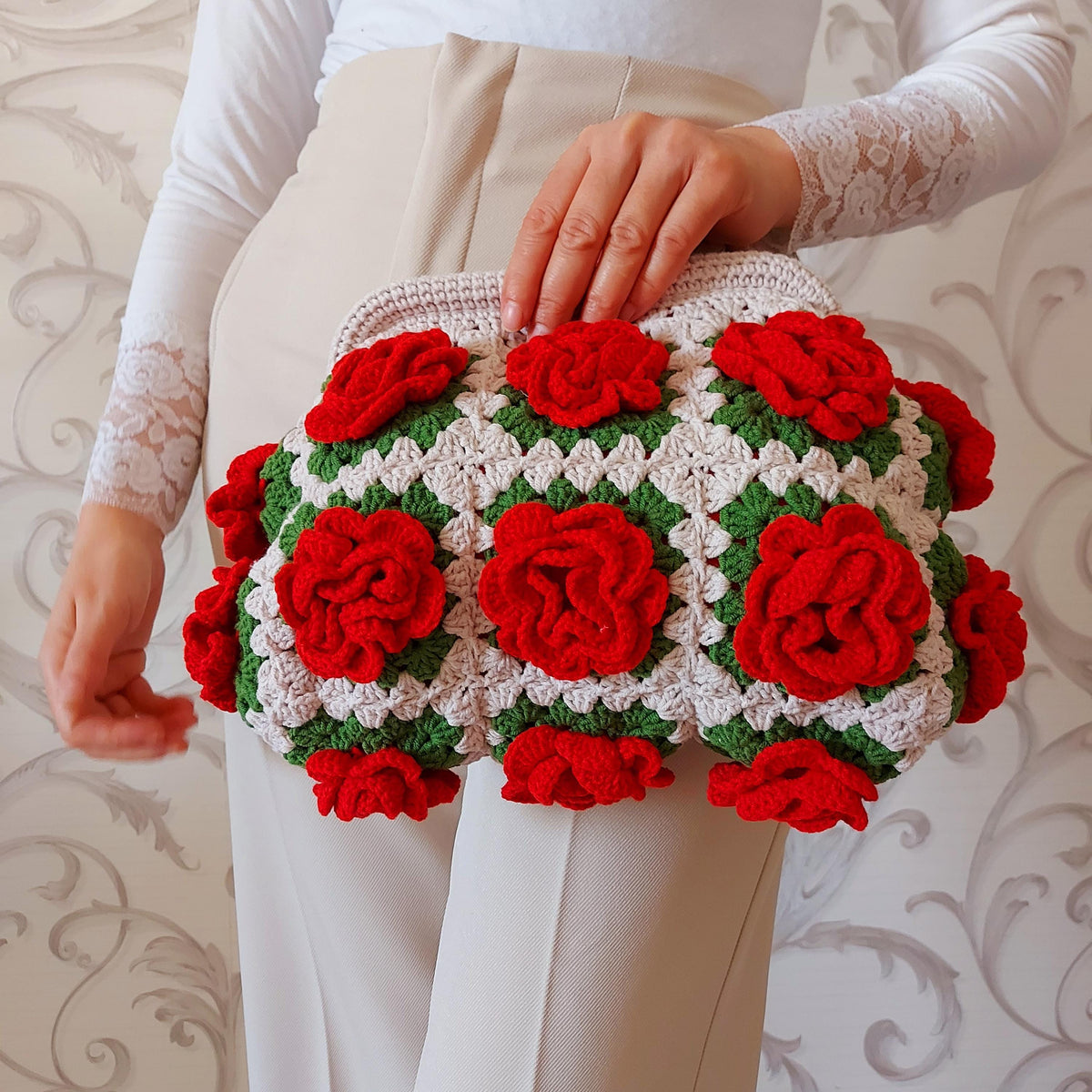 Crochet Rose Granny Square Kiss Lock Bag: Handmade Cotton Purse, Galentine's Day Gifts Bag, Valentine Tote Bag