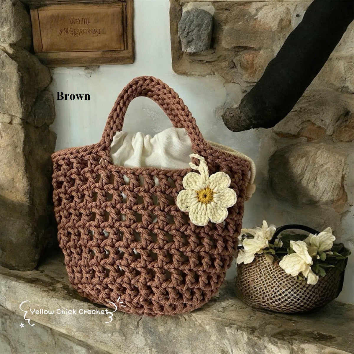 Handmade Crochet Mesh Bag with Flower Charm, Elegant Short Handbag, Custom Colors, Floral crochet bag, Mother's Day gift, Easter Gift