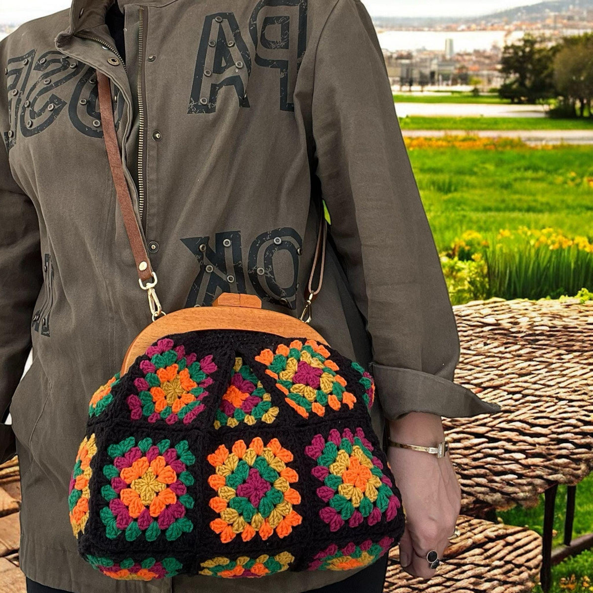 Handmade Crochet Granny Square Bag: Colorful Bohemian Purse with Wooden Clasp