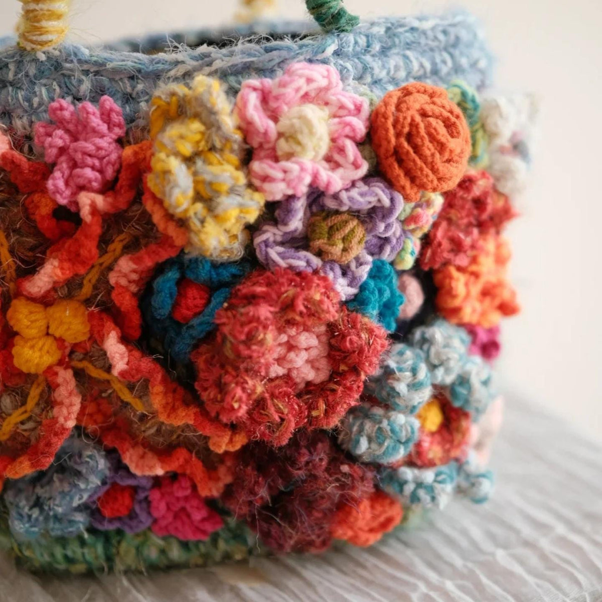 Handmade 3D Flower Crochet Bag, Boho Tote, Colorful Textured Knit Purse, Unique Artisan Handbag, Mother's Day Gift for Mom