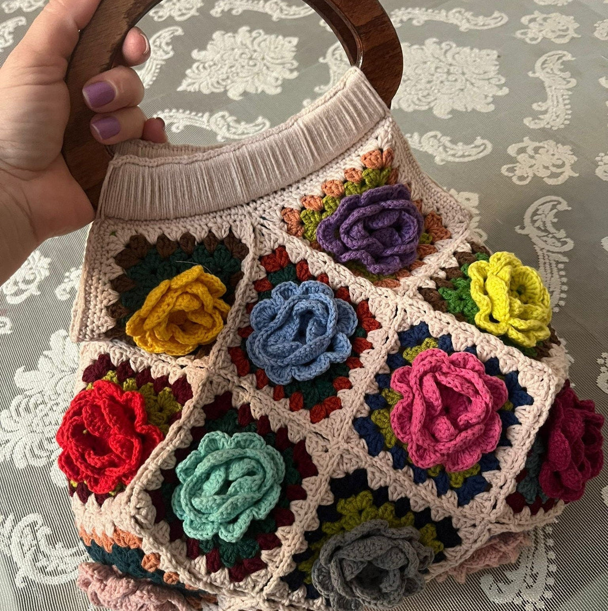 Vintage style rose granny squares crochet bag wooden frame unique special day present