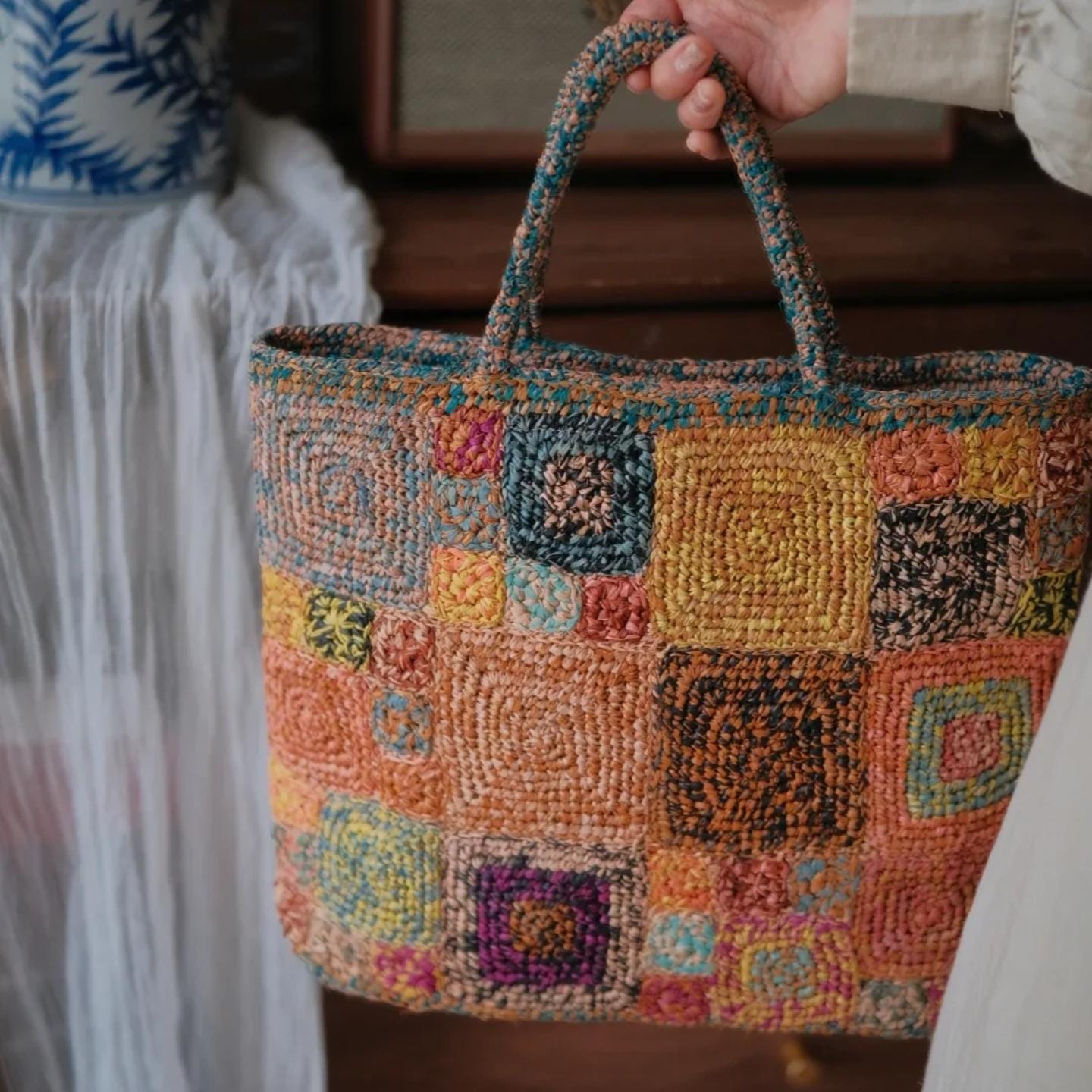 Artisan Raffia Patchwork Tote, Handcrafted Crochet Beach Bag, Sturdy Woven Purse with Cotton Lining, Unique Gift for Her, Gift for her