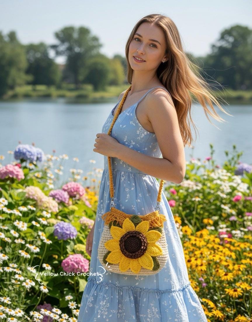 Sunflower Crochet Bag, Matching Hat, Crossbody Bag, Handle Bag, handmade sunflower bag, Lined, Zippered , Mother's Day gift, Easter gift