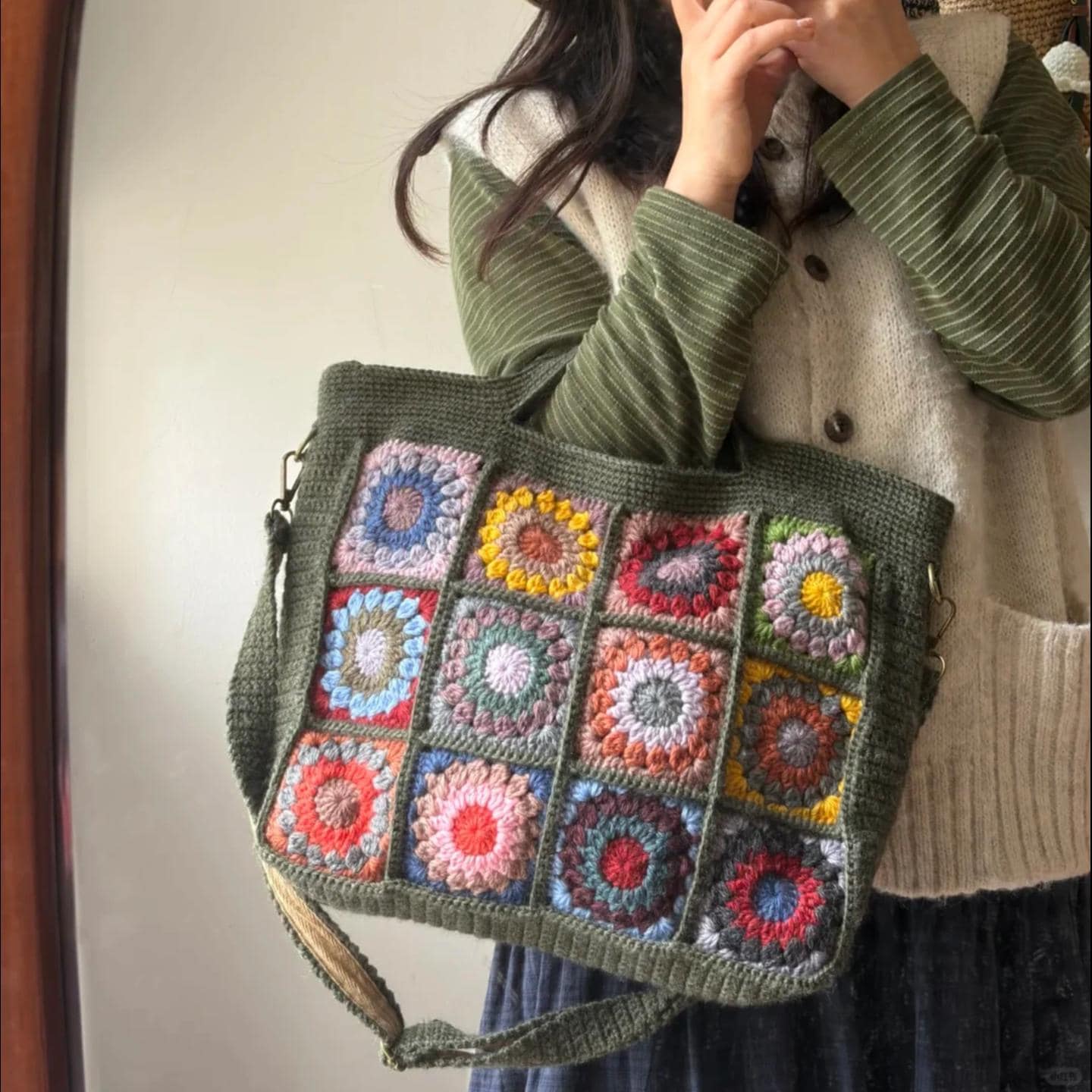 Handmade With 100% Premium Wool Crochet Tote Bag, 3D Granny Square Purse, Boho Shoulder Bag with Cotton Lining &amp; YKK Zipper, Gift for Her