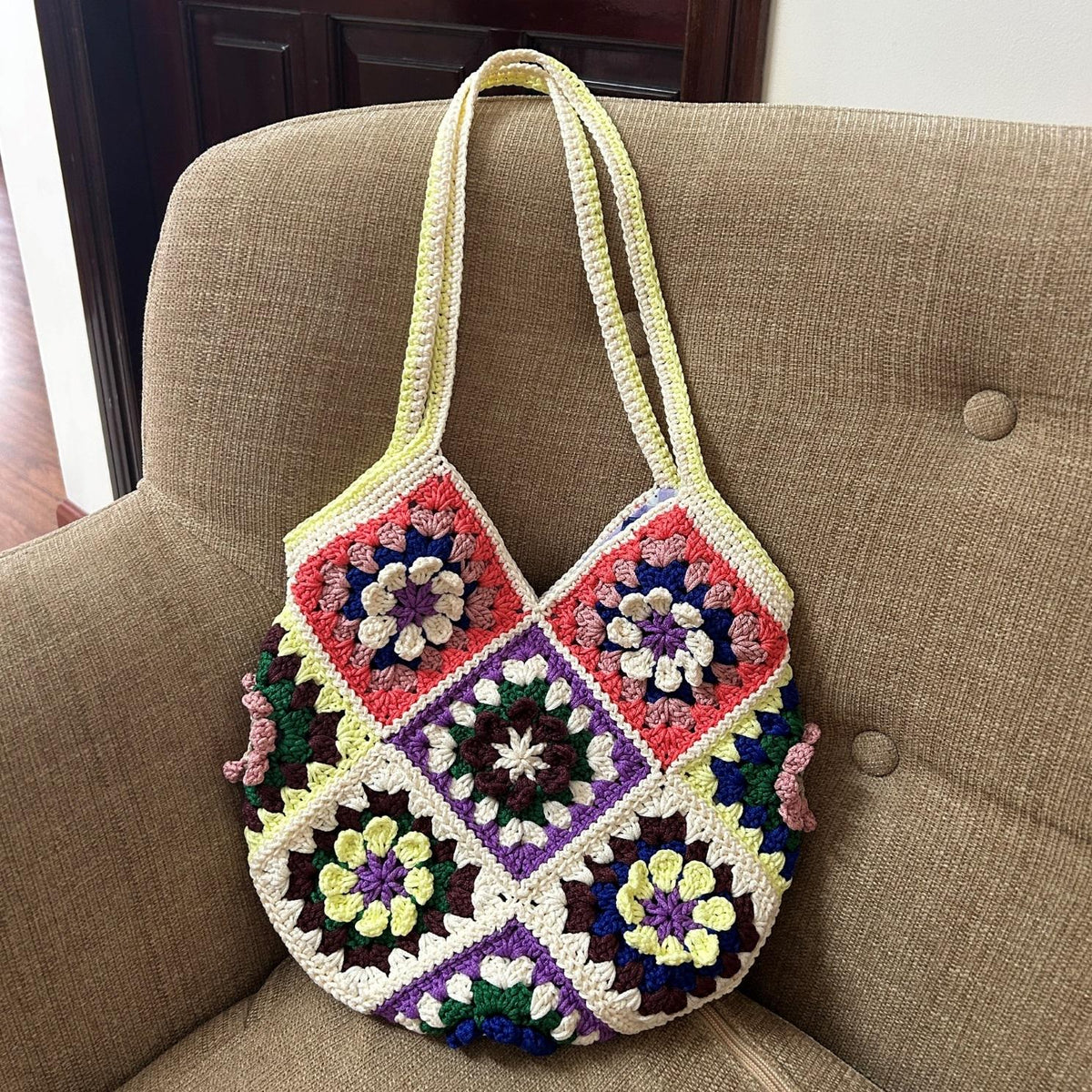 Handmade Crochet Granny Square Tote Bag: Colorful Boho Shoulder Bag