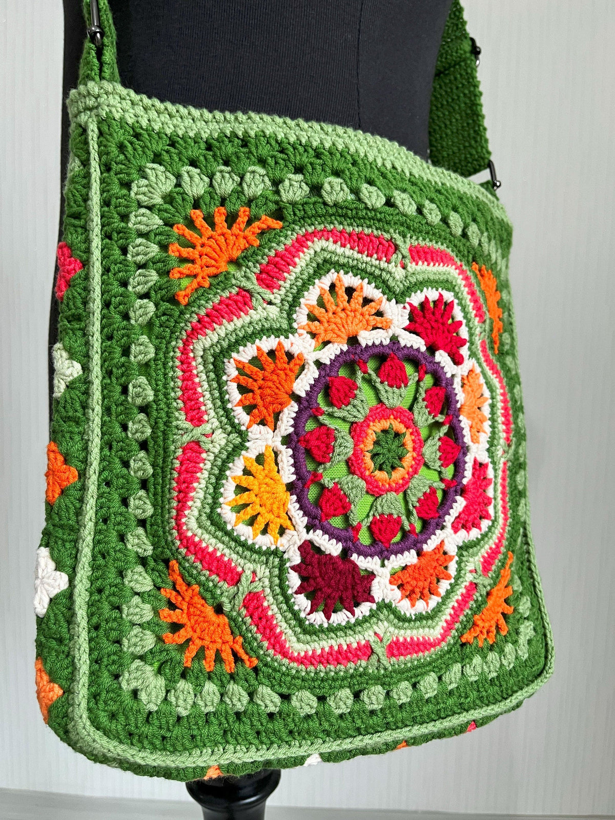 Handmade Crochet Crossbody Bag: Boho Green Cotton Shoulder Bag, Black Friday Gift