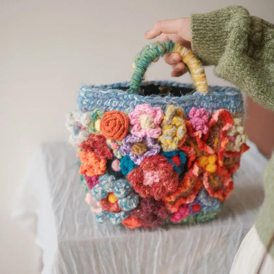 Handmade 3D Flower Crochet Bag, Vintage Boho Tote, Colorful Textured Knit Purse, Unique Artisan Handbag, Mother's Day Gift for Mom