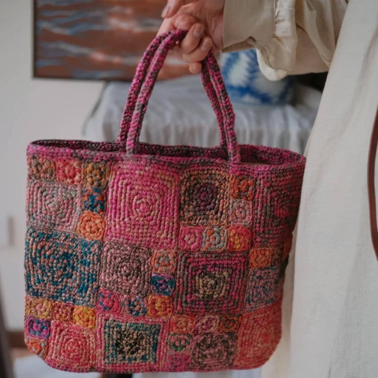 Artisan Raffia Patchwork Tote, Handcrafted Crochet Beach Bag, Sturdy Woven Purse with Cotton Lining, Unique Gift for Her, Gift for her