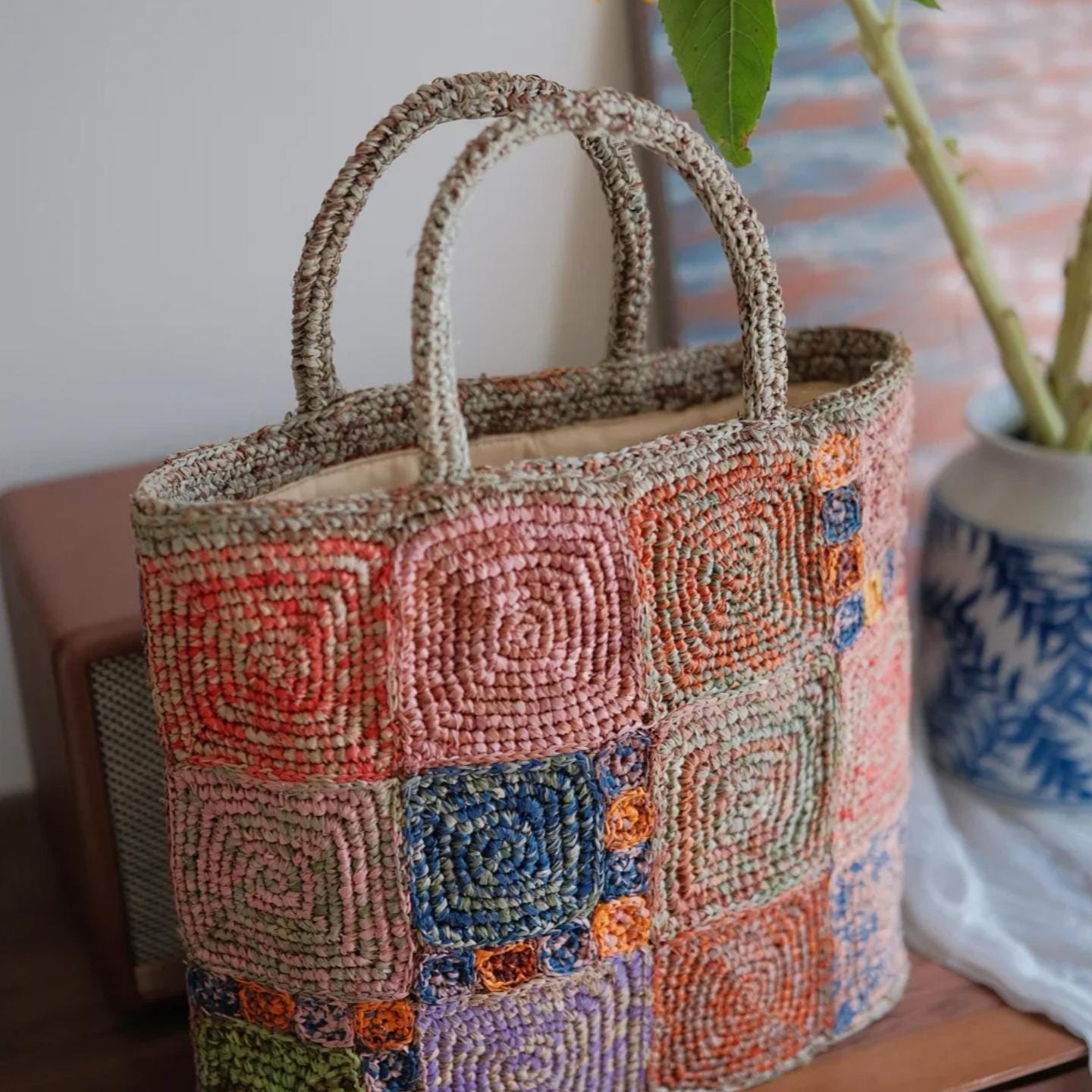One-of-a-Kind Raffia Crochet Bag, Heavy-Duty Handwoven Tote with Magnetic Closure, Bohemian Summer Shoulder Bag, Gift for her