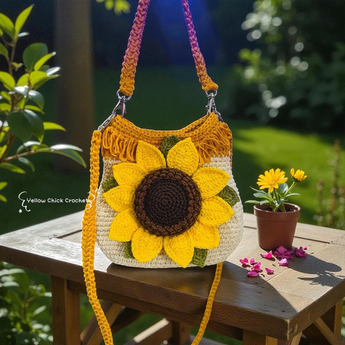 Sunflower Crochet Bag, Matching Hat, Crossbody Bag, Handle Bag, handmade sunflower bag, Lined, Zippered , Mother's Day gift, Easter gift