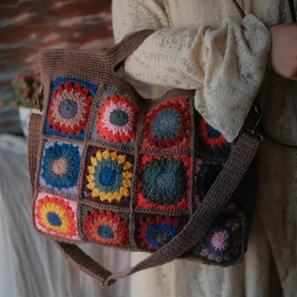 Handmade With 100% Premium Wool Crochet Tote Bag, 3D Granny Square Purse, Boho Shoulder Bag with Cotton Lining &amp; YKK Zipper, Gift for Her