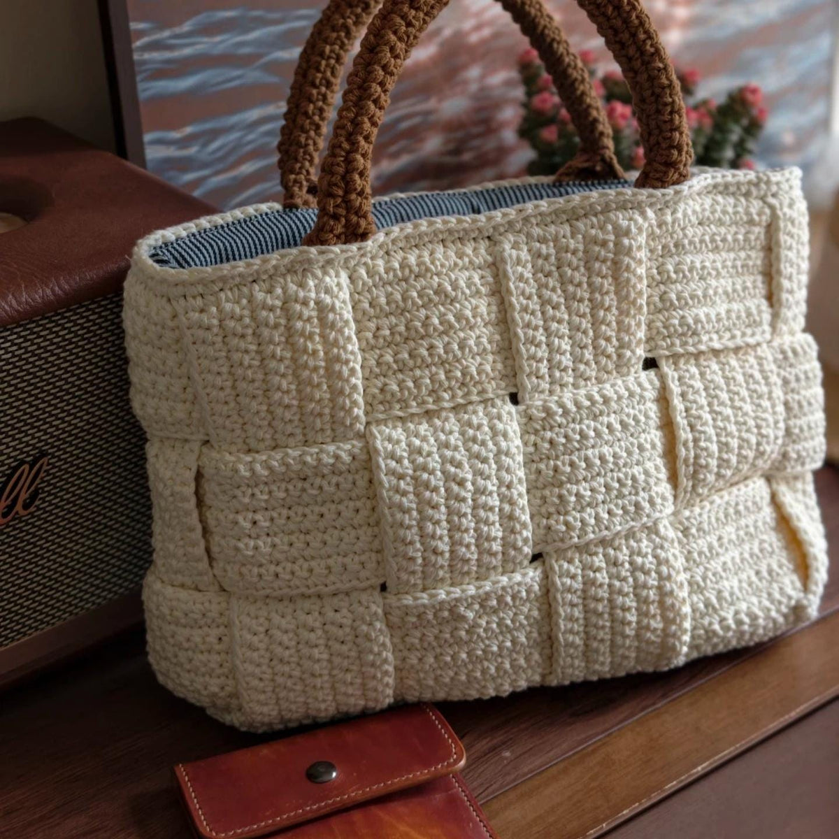 Classic Handmade Crochet Tote - Heavy-Duty Woven Basket Purse, Large Capacity Knit Shoulder Bag with Secure Snap Button, Gift for mon