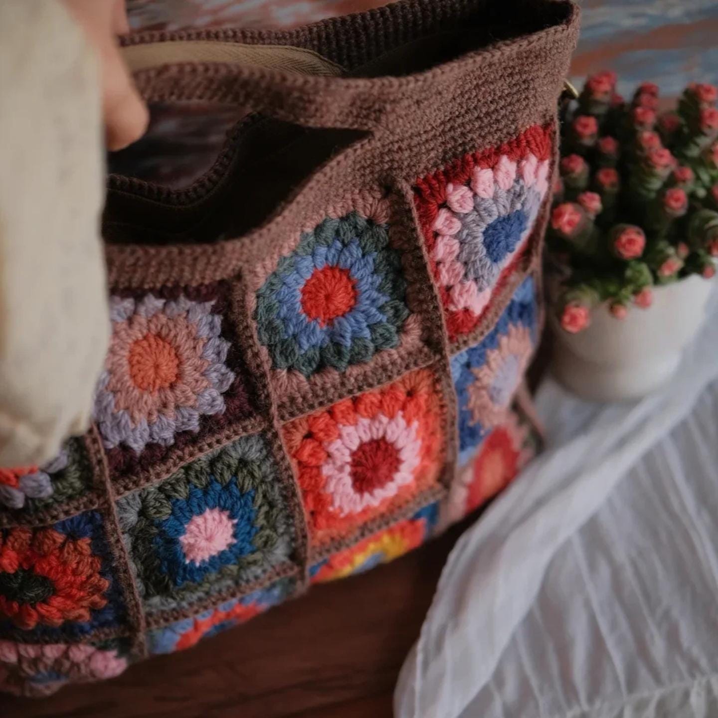 Boho Chic Crochet Bag, Handmade Wool Blend Tote, 3D Flower Granny Square Shoulder Bag, Durable YKK Zipper, Artisan Knit Purse, Gift for her