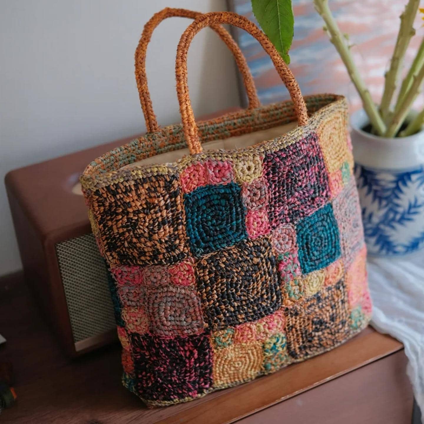 Artisan Raffia Patchwork Tote, Handcrafted Crochet Beach Bag, Sturdy Woven Purse with Cotton Lining, Unique Gift for Her, Gift for her