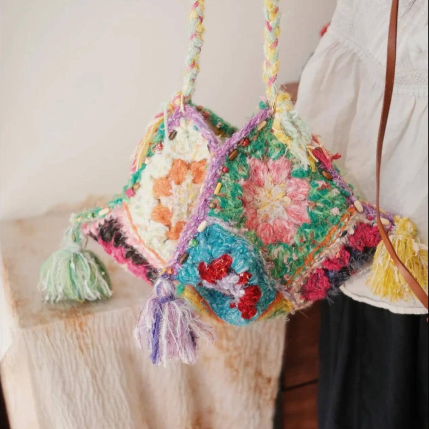 One-of-a-Kind Crochet Pyramid Bag, Hand-Blended Yarn Granny Square Tote, Boho Tassel Shoulder Bag, Unique Wearable Fiber Art Gift