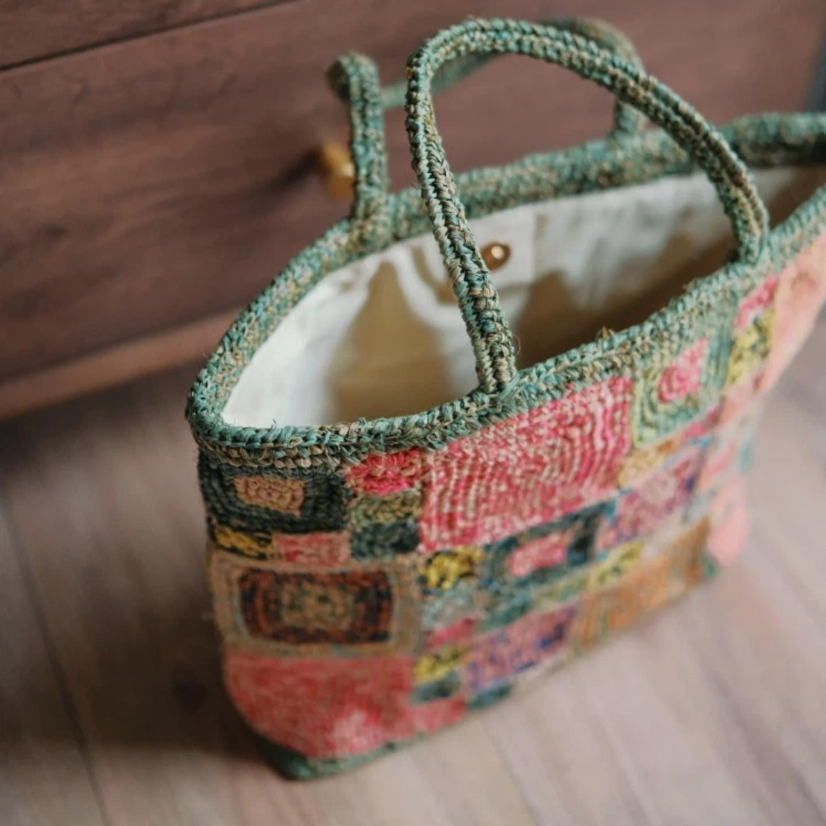 Handmade Crochet Raffia Tote Bag, Colorful Patchwork Boho Purse with Cotton Lining, Unique Artisan Beach Bag for Women,Gift for her