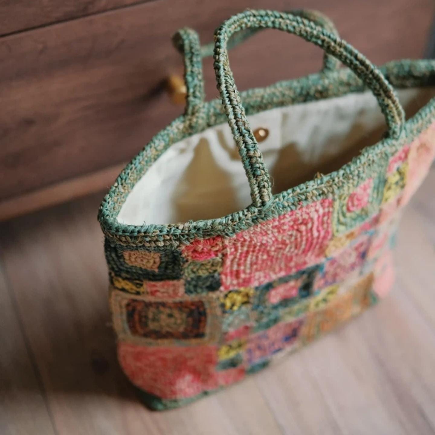 Artisan Raffia Patchwork Tote, Handcrafted Crochet Beach Bag, Sturdy Woven Purse with Cotton Lining, Unique Gift for Her, Gift for her