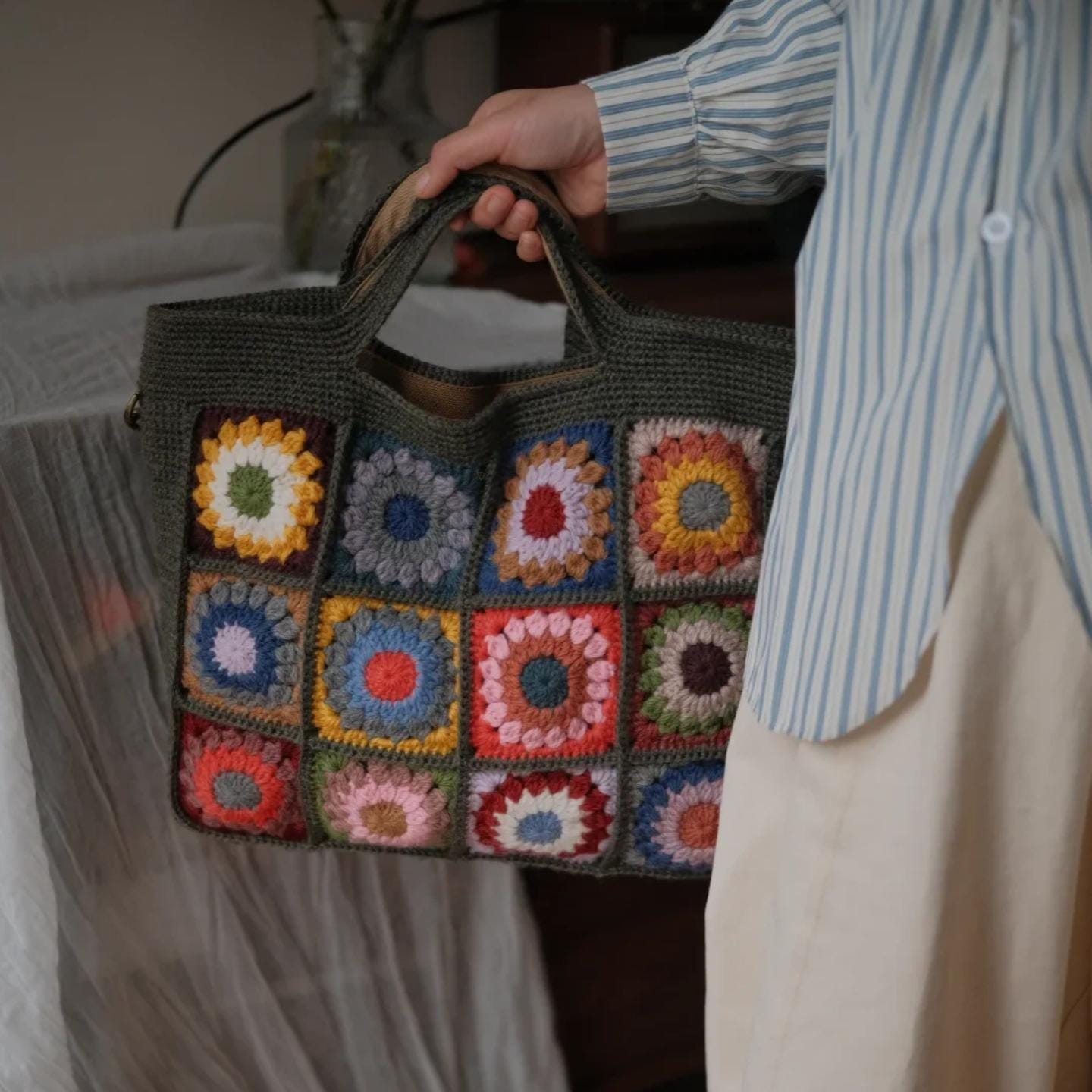 Handmade With 100% Premium Wool Crochet Tote Bag, 3D Granny Square Purse, Boho Shoulder Bag with Cotton Lining &amp; YKK Zipper, Gift for Her