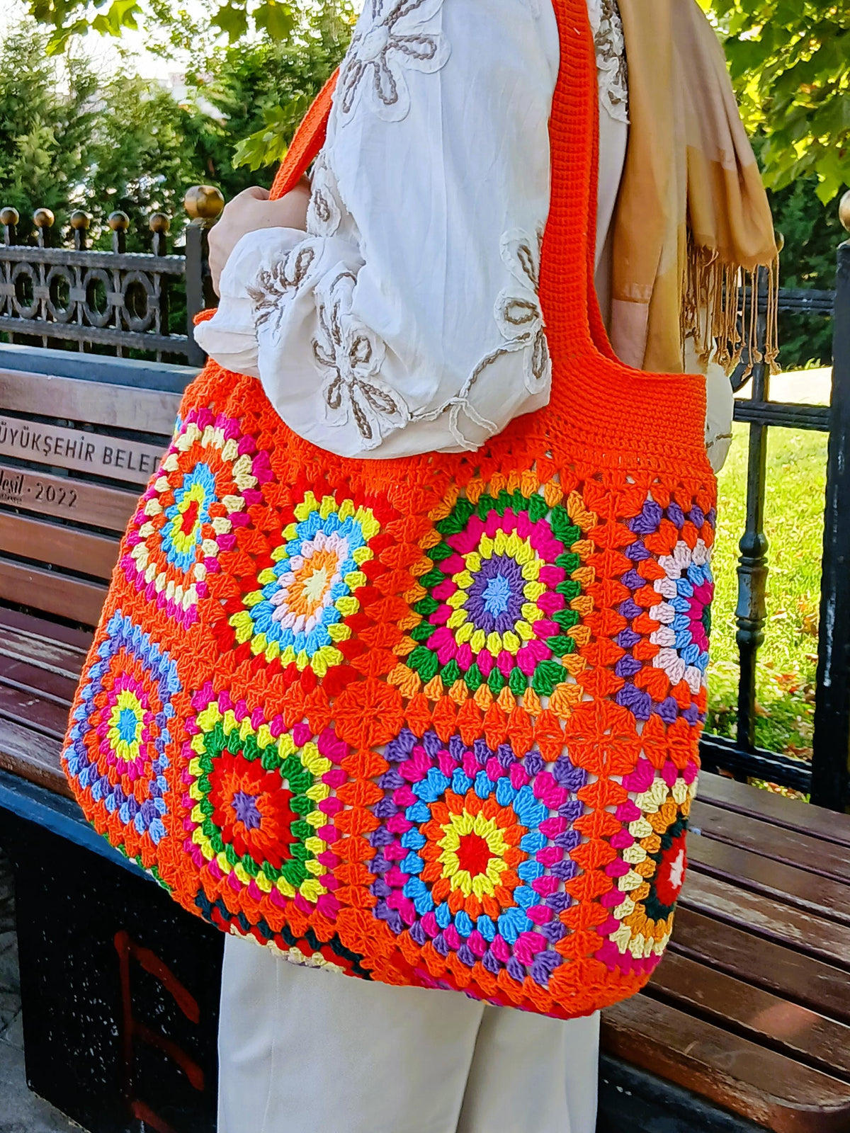 Granny Square Tote Bag, Shoulder Bag Purses for Women, Orange Purse and Handbag Crochet