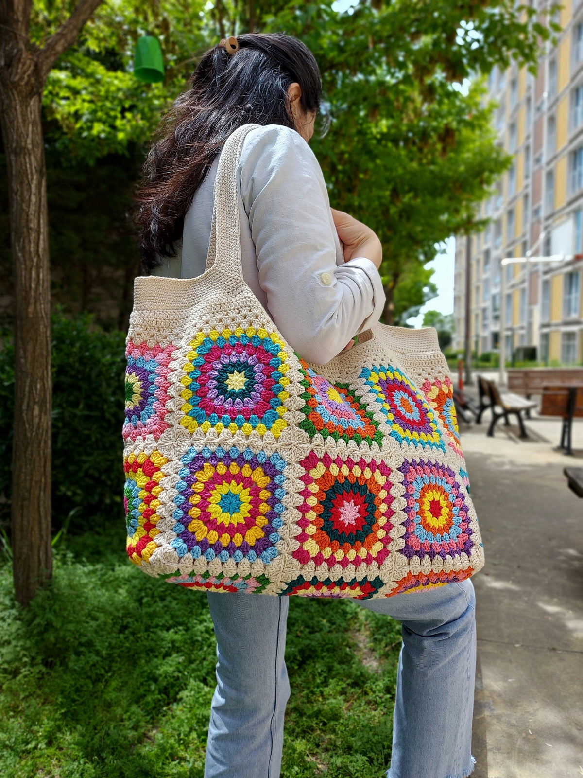 Granny Square Bag, Crochet Handle Bag, Crochet Bag, Shoulder Tote Bag, Handbags for Woman