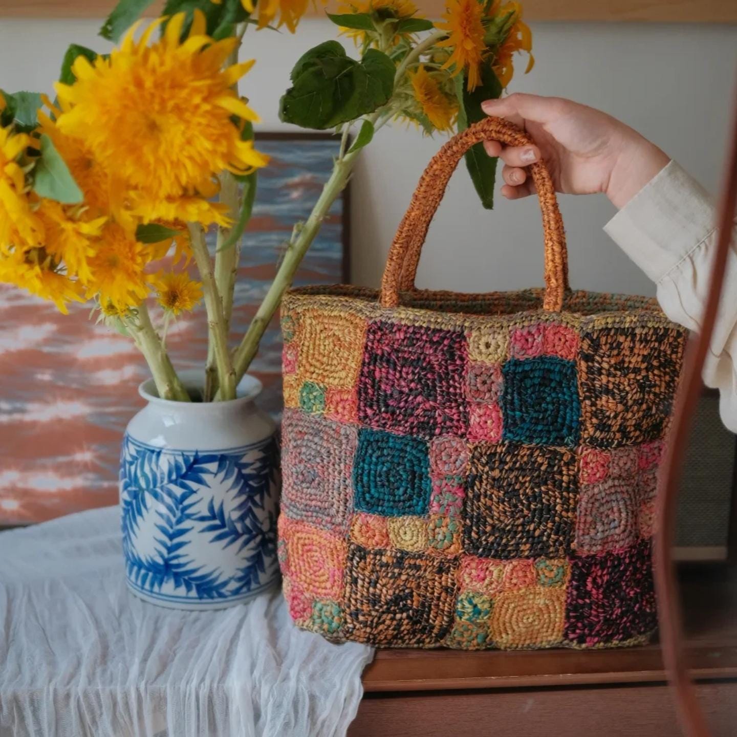 Artisan Raffia Patchwork Tote, Handcrafted Crochet Beach Bag, Sturdy Woven Purse with Cotton Lining, Unique Gift for Her, Gift for her