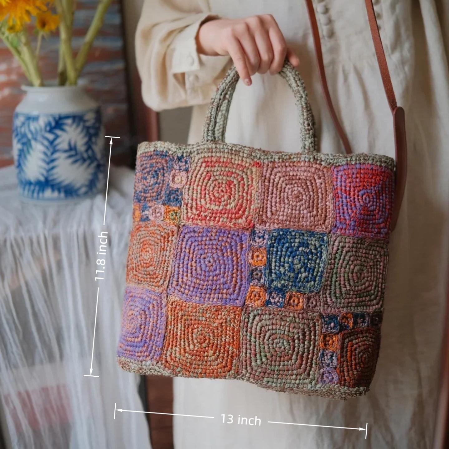 Artisan Raffia Patchwork Tote, Handcrafted Crochet Beach Bag, Sturdy Woven Purse with Cotton Lining, Unique Gift for Her, Gift for her