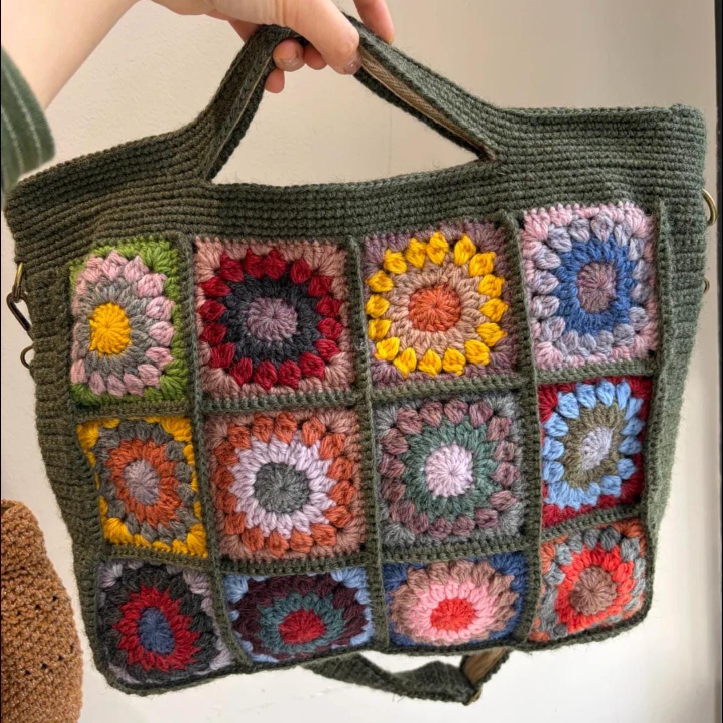 Boho Chic Crochet Bag, Handmade Wool Blend Tote, 3D Flower Granny Square Shoulder Bag, Durable YKK Zipper, Artisan Knit Purse, Gift for her