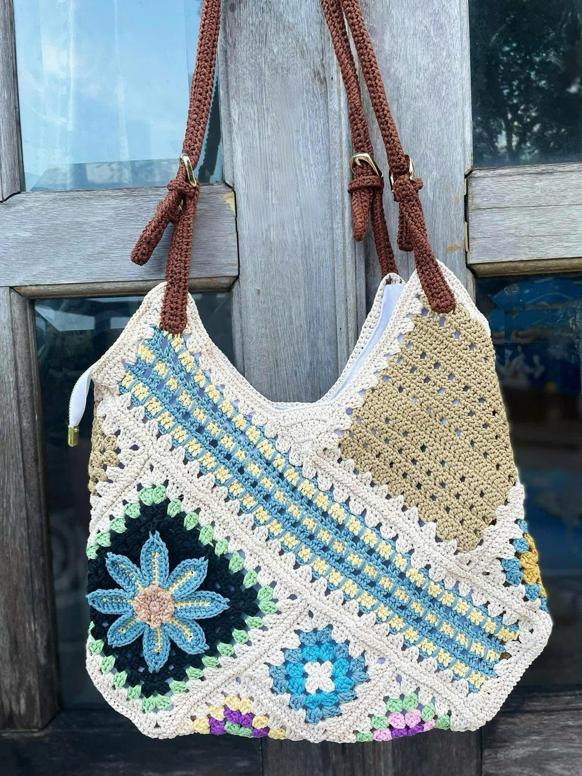Handmade Crochet Patchwork Tote Bag, Warm Autumn Colors, Lined - Zippered, Mother's Day Gift, Floral Square Bag, Easter Gift