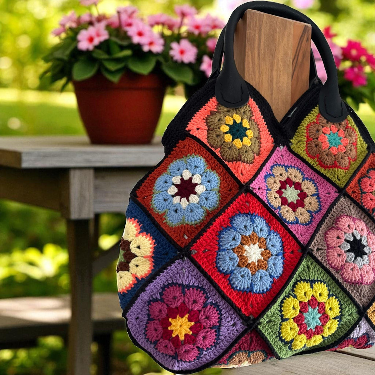 Colorful Granny Square Crochet Tote Bag â€?Handmade Boho Market Bag â€?Retro Patchwork Purse