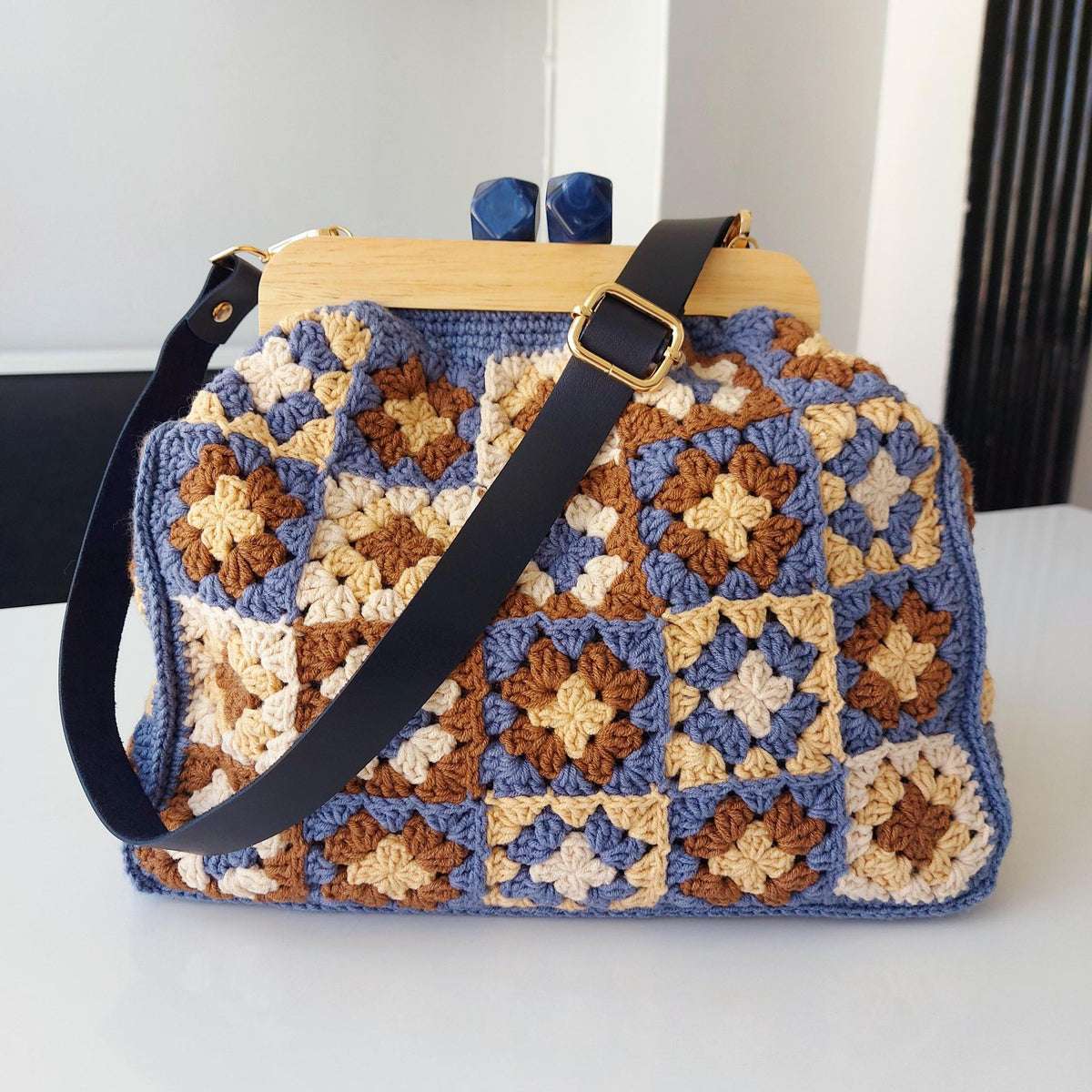 Large Kiss Lock Bag: Crochet Granny Square Bag, Top Handle Bags