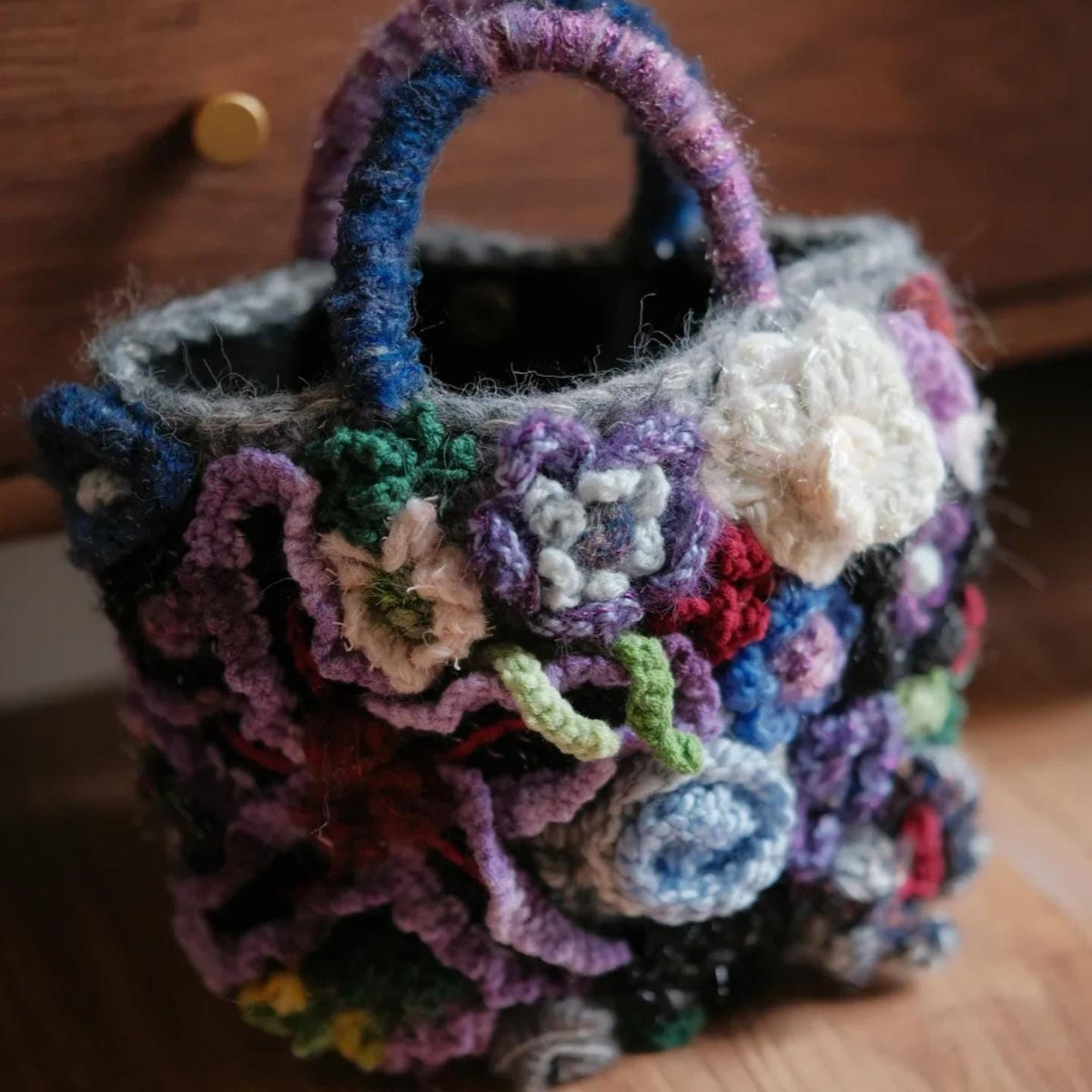 Handmade 3D Flower Crochet Bag, Boho Tote, Colorful Textured Knit Purse, Unique Artisan Handbag, Mother's Day Gift for Mom