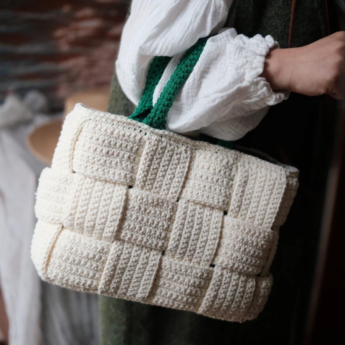 Classic Handmade Crochet Tote - Heavy-Duty Woven Basket Purse, Large Capacity Knit Shoulder Bag with Secure Snap Button, Gift for mon